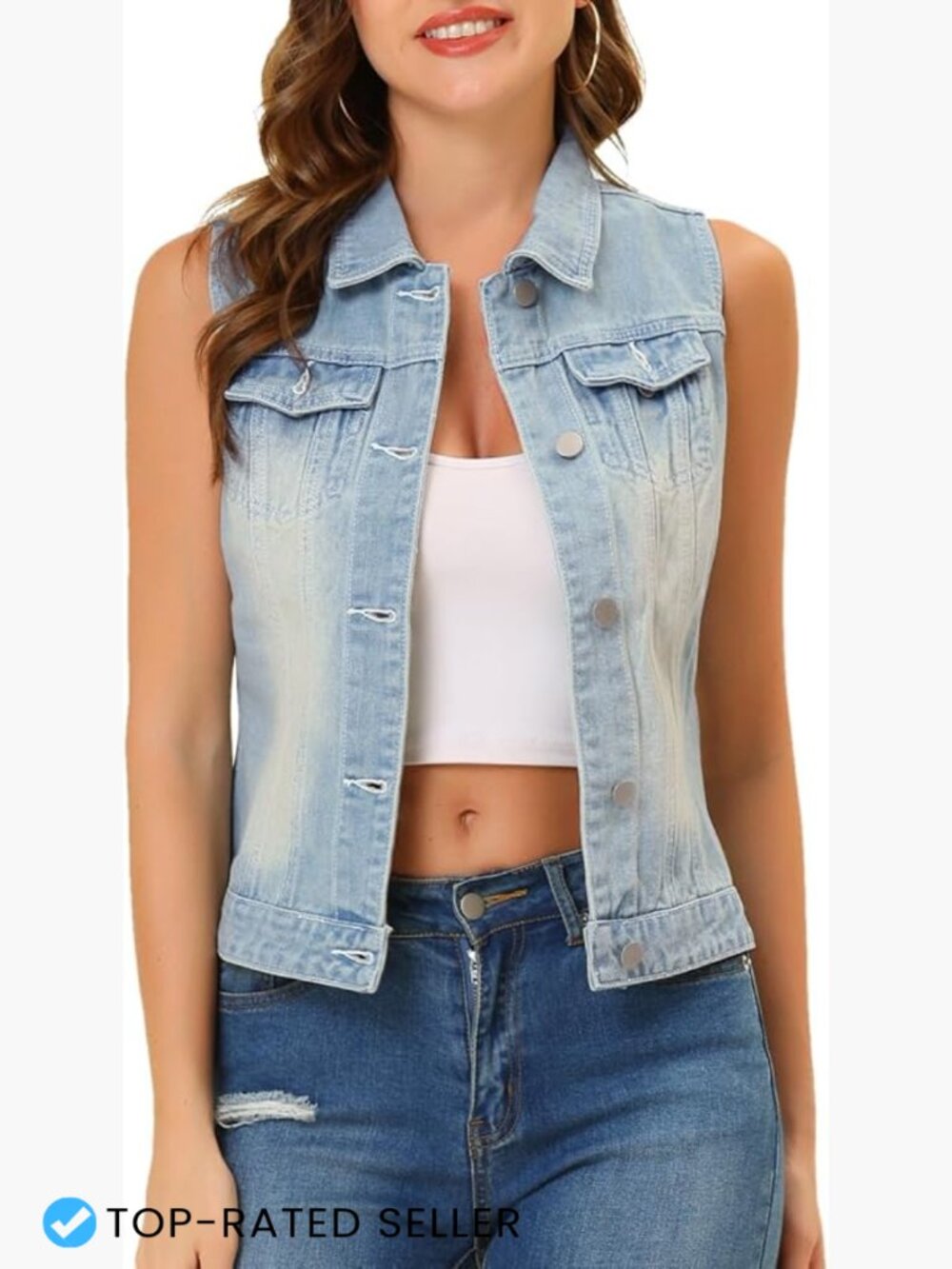 Washed Denim Vest Button Front Sleeveless Classic Western Layer Casual Chic